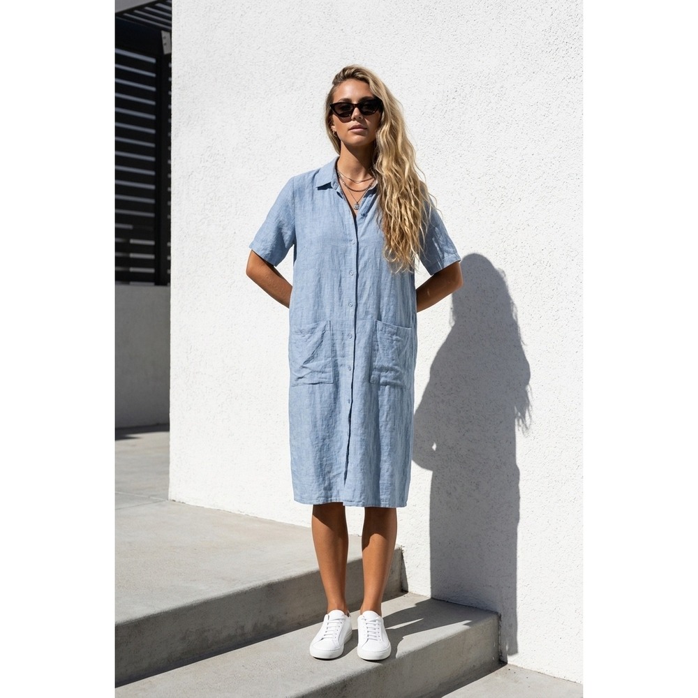 S/P EILEEN FISHER Womens Light Blue Linen Short Sleeve Button Down Dress Pockets